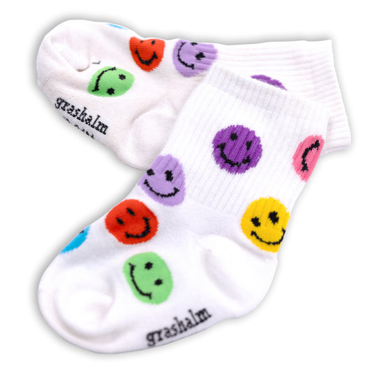Kindersocken aus Bambus in weiss mit bunten Smileys von grashalm