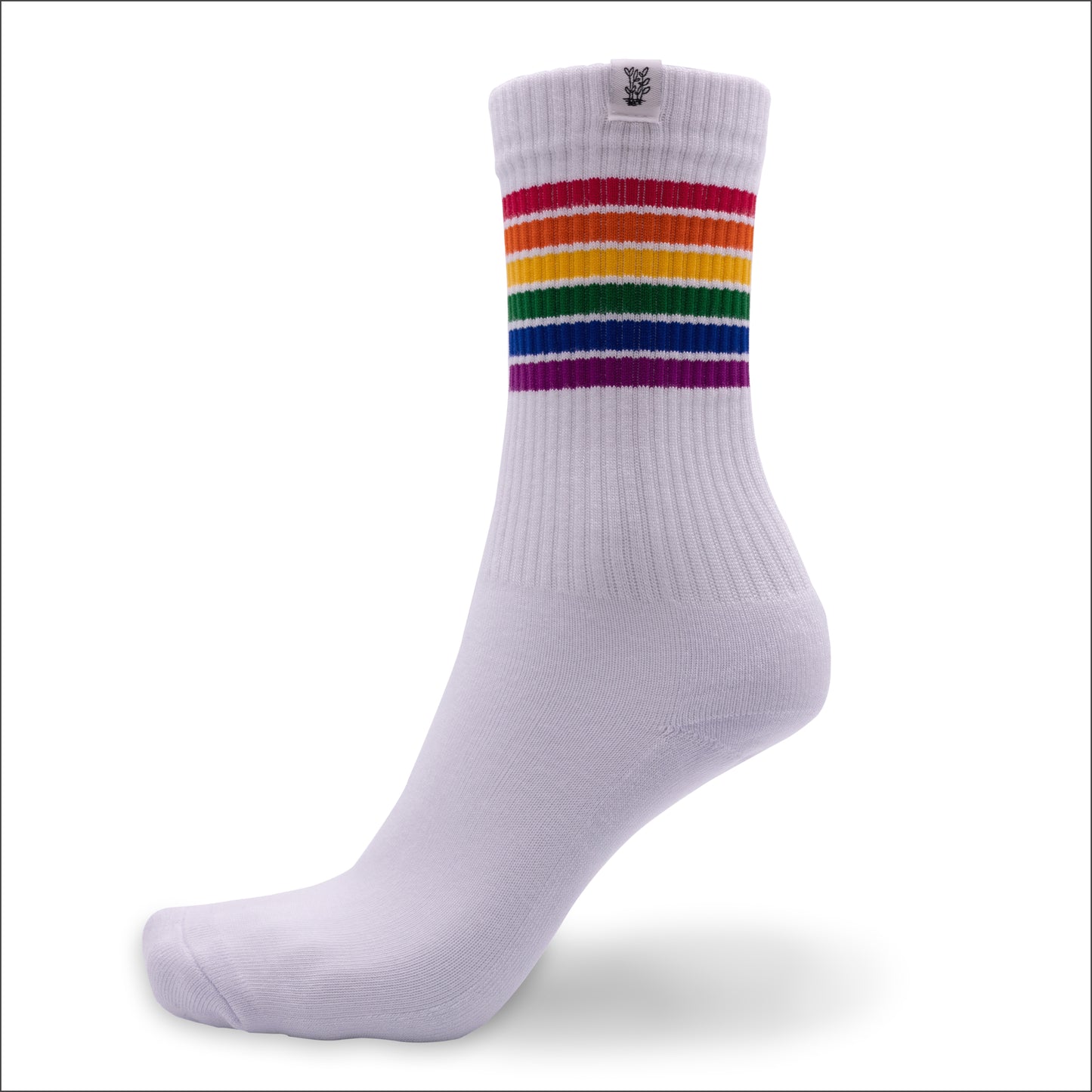 Tennissocken aus Bambus in weiss mit Streifen in Regenbogenfarben von grashalm